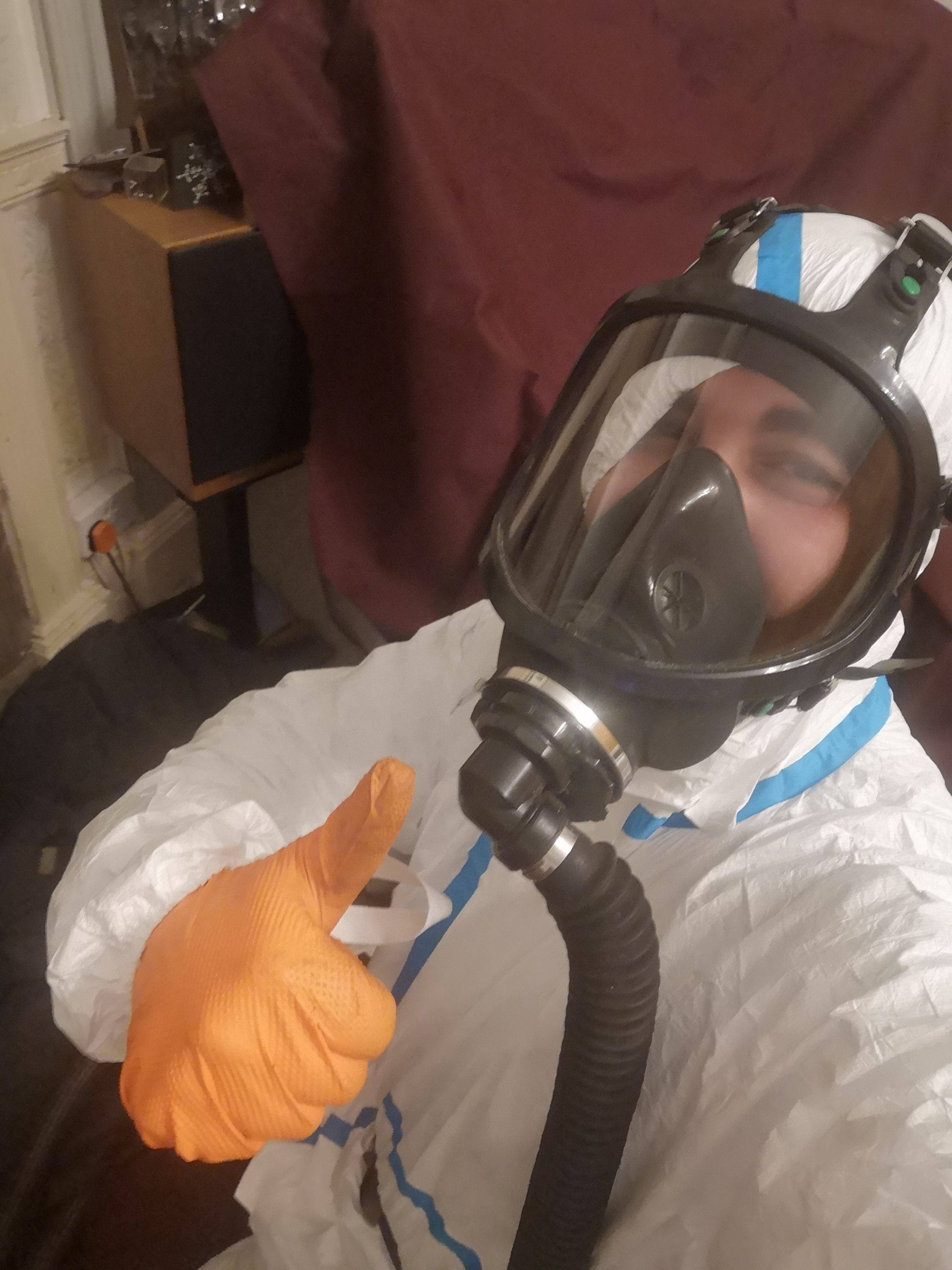 Mr danny hodgson in full PPE for a Chemical Creosote Removal job 